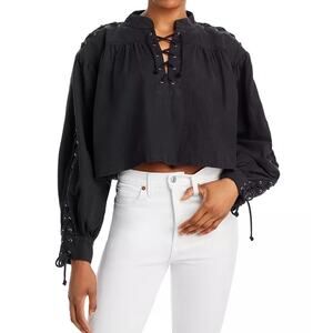 RE/DONE Pirate Cropped‎ Long Sleeve Top Washed Black  Size Small NWT